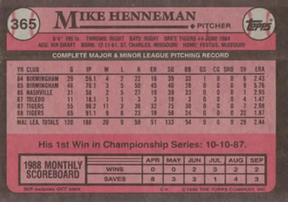 Back side of 1989 Topps Mike Henneman baseball card showcasing Detroit Tigers stats