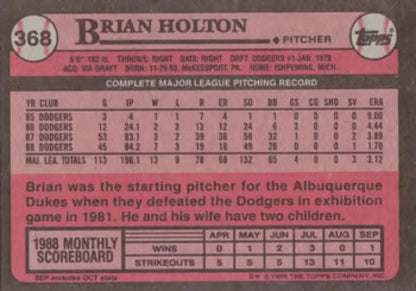 Pink 1989 Topps Baseball Card of Brian Holton with career stats for Los Angeles Dodgers