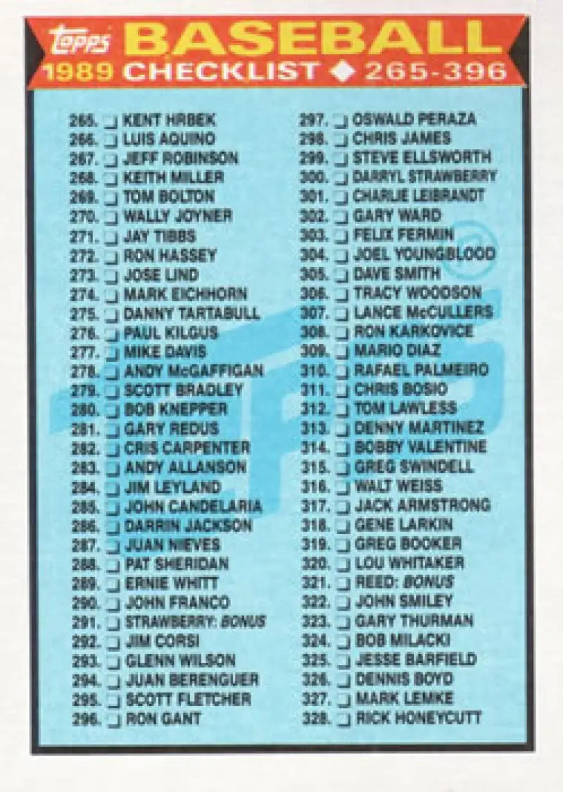 Baseball card checklist 265-396 from Topps 1989 series displaying player names