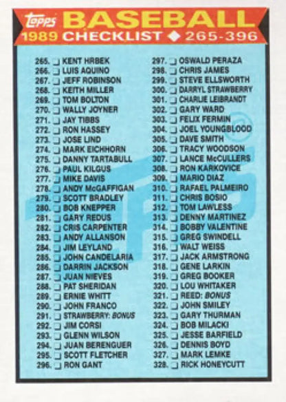 Baseball card checklist 265-396 from Topps 1989 series displaying player names
