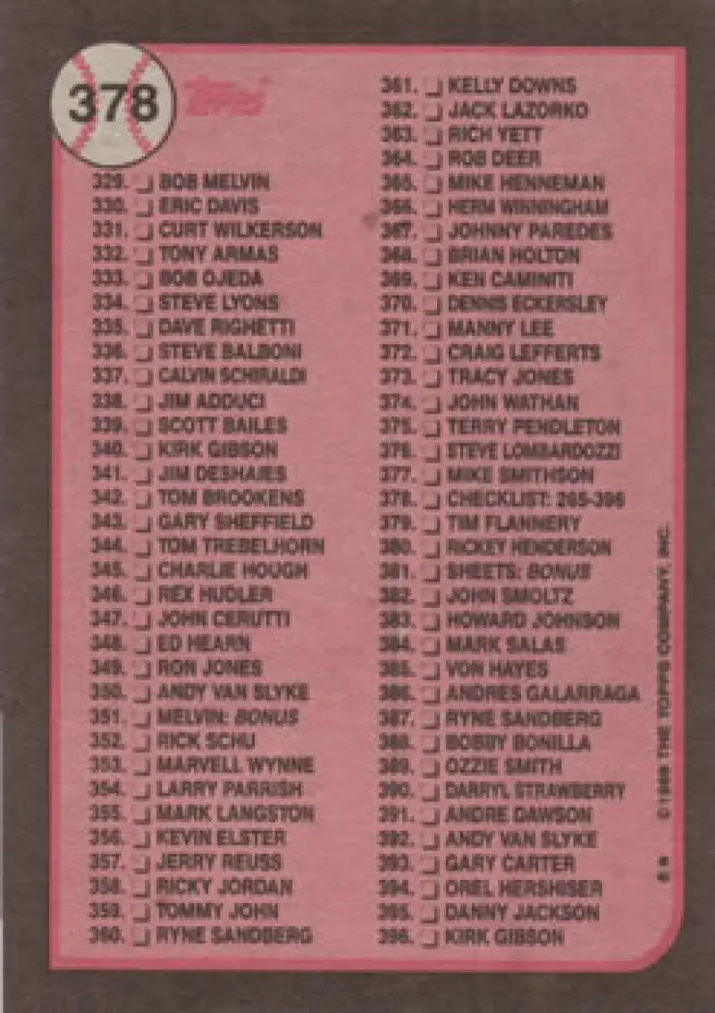 Vintage baseball card checklist 265-396 NM-MT from 1989 Topps #378 collectible set