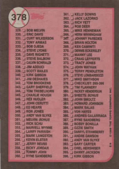 Vintage baseball card checklist 265-396 NM-MT from 1989 Topps #378 collectible set
