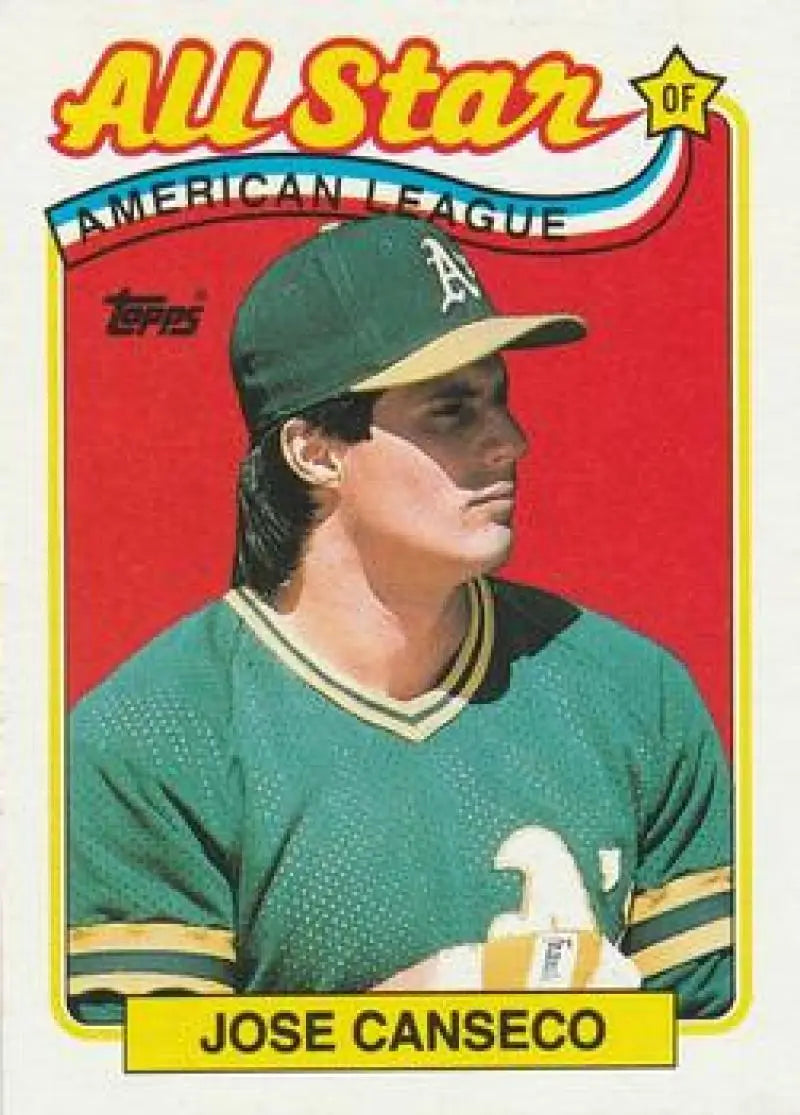 1989 Topps #401 Jose Canseco AS baseball card of Oakland Athletics player in green uniform
