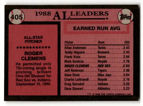 1989 Topps #405 Roger Clemens NM Near Mint Red Sox AS ID:58440 - Trading Cards
