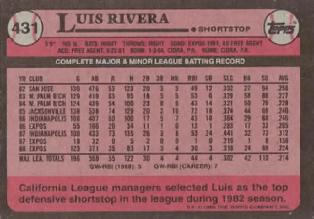 Baseball card of Luis Rivera showcasing his career stats with Montreal Expos