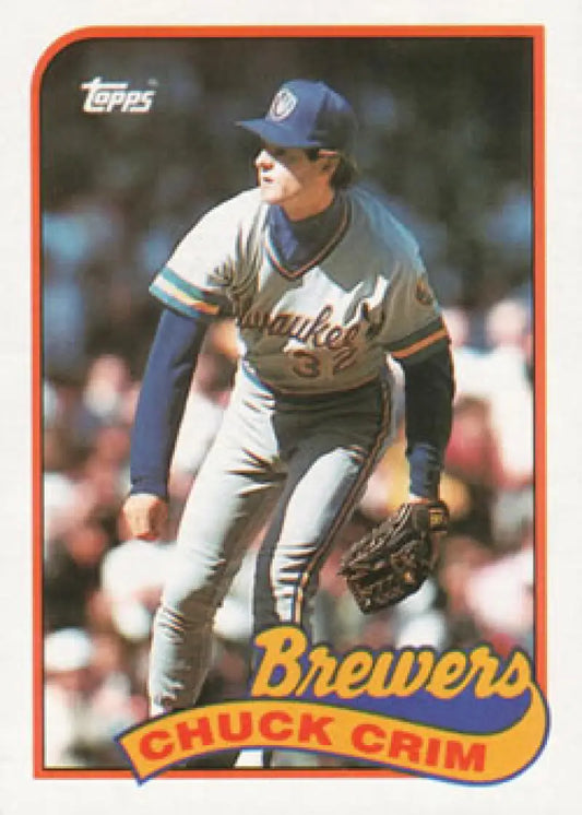 Baseball card of Chuck Crim, Milwaukee Brewers pitcher in white uniform
