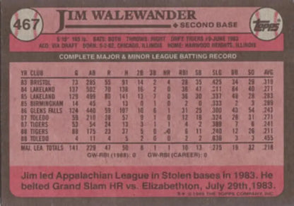 Baseball card of Jim Walewander featuring career stats for Detroit Tigers player