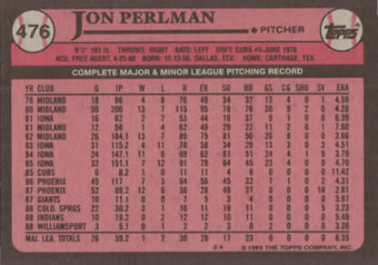 Baseball card of Jon Perlman featuring career pitching stats for Cleveland Indians