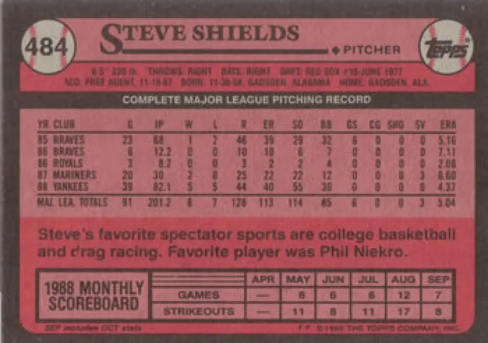 1989 Topps #484 Steve Shields baseball card showcasing New York Yankees statistics and scoreboard