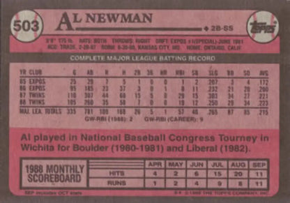 Back side of 1989 Topps #503 Al Newman NM-MT card with Minnesota Twins stats