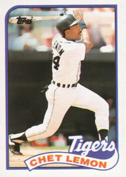 Chet Lemon mid-swing on a 1989 Topps Detroit Tigers baseball card