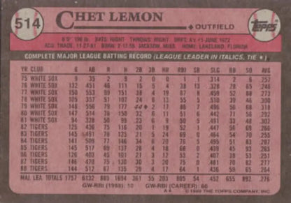 Back of 1989 Topps Chet Lemon Baseball Card showcasing Detroit Tigers career statistics
