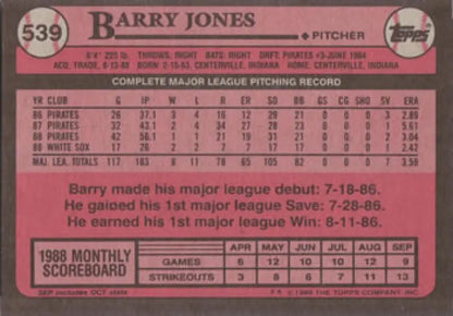 1988 Topps baseball card featuring career statistics of Barry Jones, Chicago White Sox