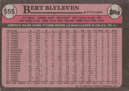 Bert Blyleven Minnesota Twins baseball card with 1980s pitching statistics