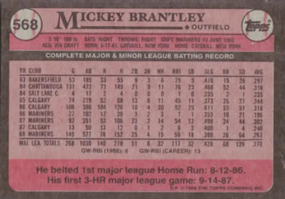 Vintage 1988 Topps baseball card of Mickey Brantley with Seattle Mariners statistics