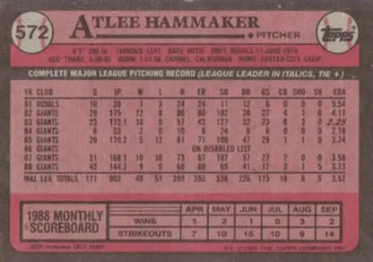 Original gloss Atlee Hammaker baseball card from 1989 Topps Giants series