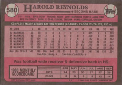 Pink 1989 Topps #580 Harold Reynolds Baseball Card featuring Seattle Mariners stats