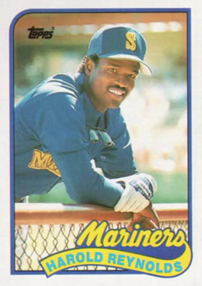 Vintage 1989 Topps #580 Harold Reynolds Baseball Card of Seattle Mariners player in blue uniform