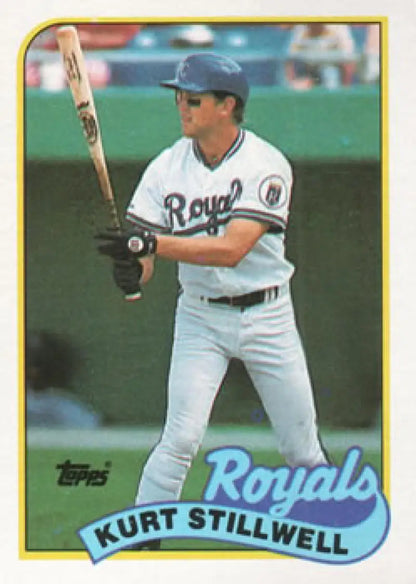 Baseball card of Kansas City Royals player Kurt Stillwell in batting stance