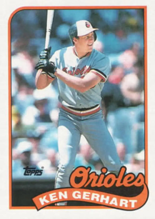 Baseball card of Ken Gerhart in batting stance wearing Baltimore Orioles away uniform