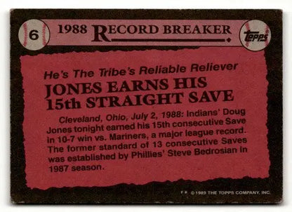 Original gloss of Doug Jones Cleveland Indians baseball card back from 1989 Topps