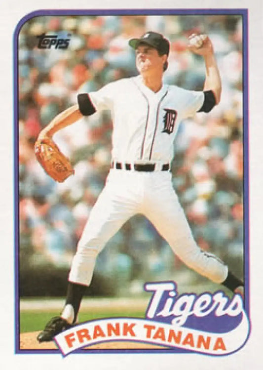 Baseball card of Frank Tanana in mid-throw for Detroit Tigers in white uniform