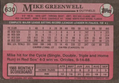 Pink 1989 Topps #630 Mike Greenwell baseball card for Boston Red Sox fans