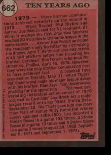 Baseball card back of 1989 Topps #662 Lou Brock with original gloss for collectors