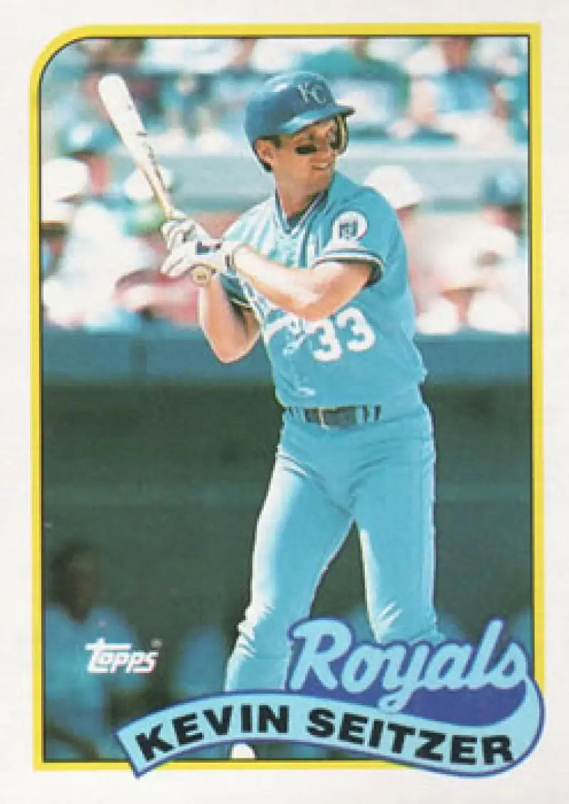 Vintage Kansas City Royals baseball card of Kevin Seitzer in light blue uniform at bat