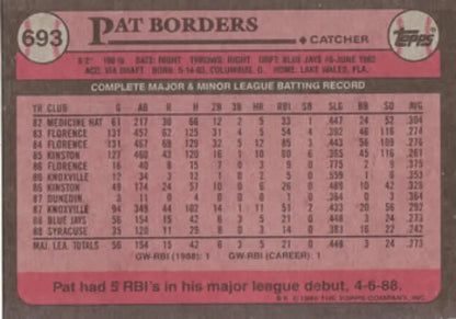 Baseball card of Pat Borders showcasing career stats with the Toronto Blue Jays