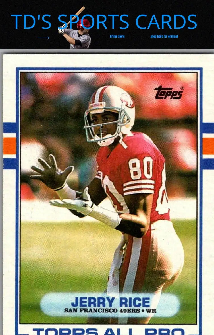 Jerry Rice football trading card from 1989 Topps series featuring collectible sports memorabilia