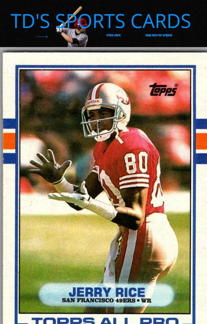 Jerry Rice football trading card from 1989 Topps series featuring collectible sports memorabilia