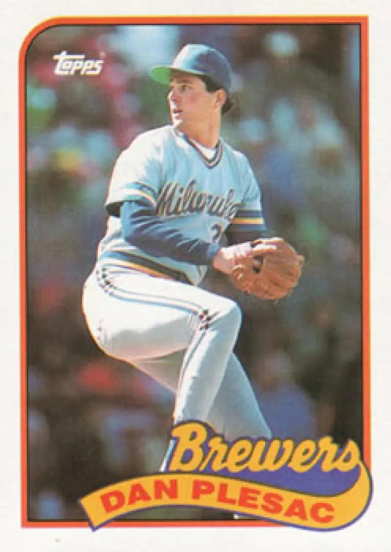 1989 Topps baseball card of Dan Plesac, Milwaukee Brewers pitcher mid-delivery