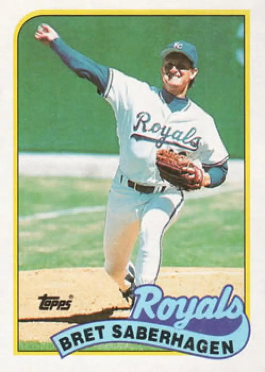 Bret Saberhagen pitching in Kansas City Royals uniform on a baseball card