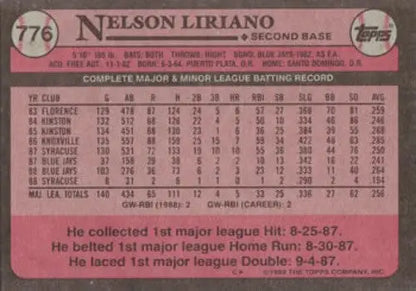 1989 Topps #776 Nelson Liriano NM Near Mint Blue Jays - Trading Cards