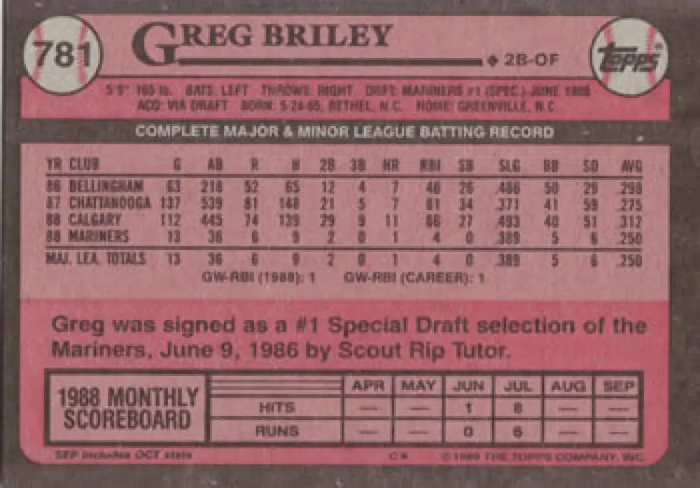Pink baseball card of Greg Briley’s rookie statistics for the Seattle Mariners