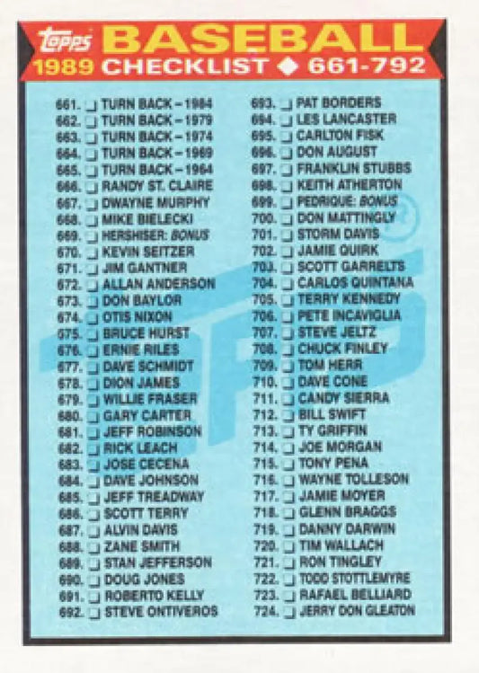 1989 Topps checklist baseball card showing players 661-792 in NM-MT condition
