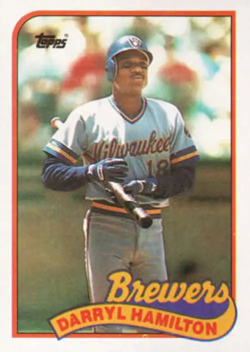 Vintage 1989 Topps Darryl Hamilton baseball card of Milwaukee Brewers in white uniform