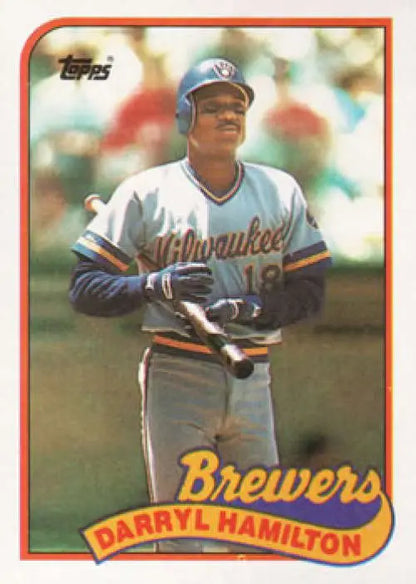 Vintage 1989 Topps Darryl Hamilton baseball card of Milwaukee Brewers in white uniform