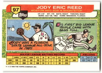 Baseball card back of 1989 Topps Big #97 Jody Reed with original gloss detail