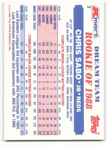 1989 Topps K-Mart Dream Team #3 Chris Sabo NM-MT Reds ID:60552 - Trading Cards