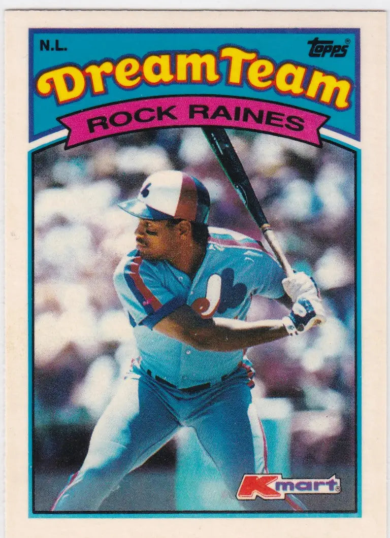 Baseball card of Rock Raines in light blue uniform for Topps Kmart Dream Team Montreal Expos