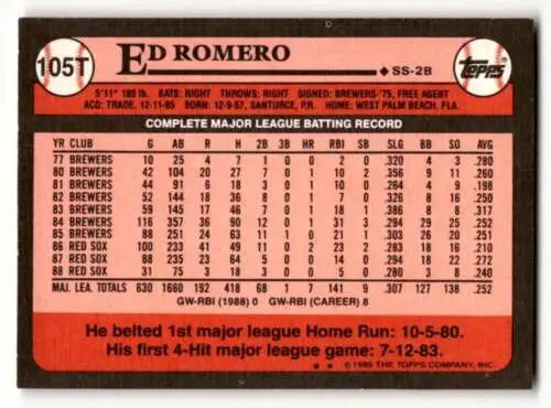 1989 Topps Traded #105T Ed Romero Boston Red Sox Baseball Card with original gloss