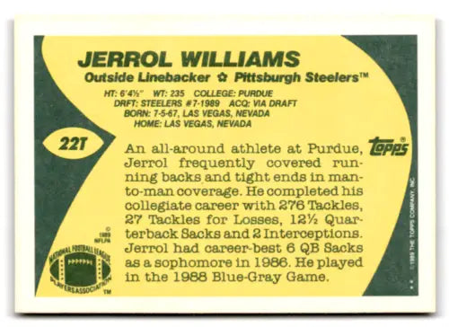 Jerrol Williams football card 1989 Topps Traded #22T mint RC rookie with original gloss