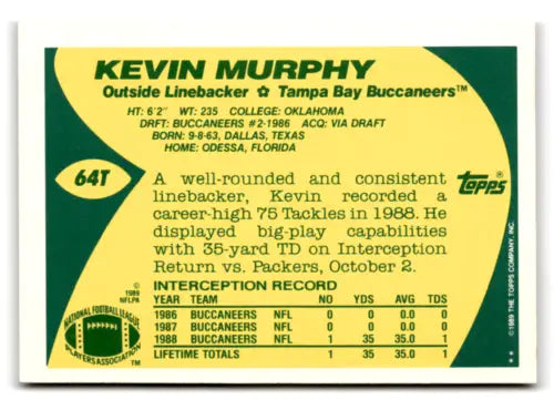 1989 Topps Traded #64T Kevin Murphy NM-MT RC football card with original gloss for Buccaneers