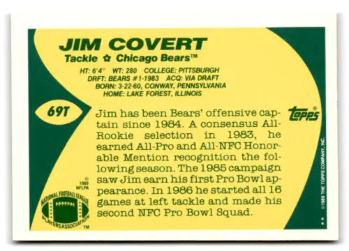 1989 Topps Traded #69T Jim Covert football card with original gloss, Bears collectible