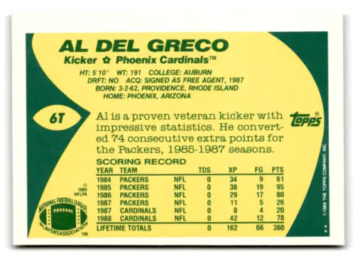 1989 Topps Traded #6T Al Del Greco NM-MT RC football card with original gloss