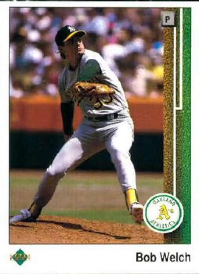 Baseball card of Bob Welch in mid-delivery, highlighting Upper Deck’s baseball history