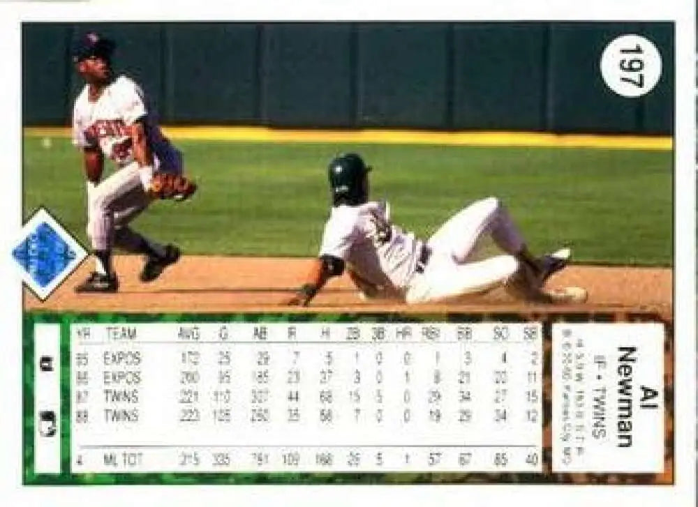 Baseball card of Al Newman sliding into second base for the Minnesota Twins game action
