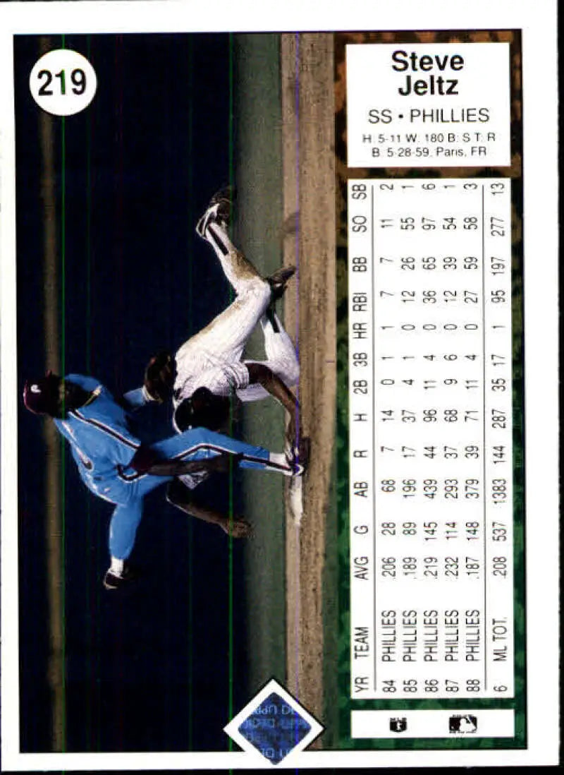 Baseball card featuring Steve Jeltz in a dramatic play for the Philadelphia Phillies